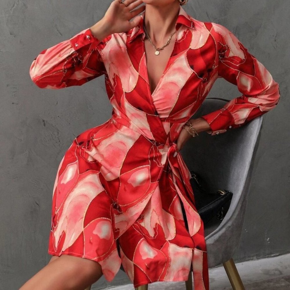 Allover Print Knot Side Wrap Long sleeve Dress red